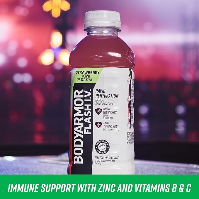 BODYARMOR Flash I.V. Electrolyte Beverage, Strawberry Kiwi, Hydration Drink with Coconut Water For Rapid Rehydration, Post Workout Recovery, 20 Fl Oz (Pack of 12)