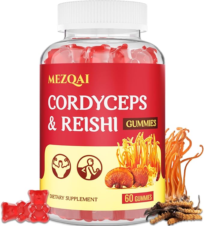 Mushroom Gummies, Cordyceps Reishi Mushroom Supplement Gummies for Adults with Green Tea Extract, Brain Supplements for Memory and Focus, Energy, Athletic Performance*, Rest - 60 Count