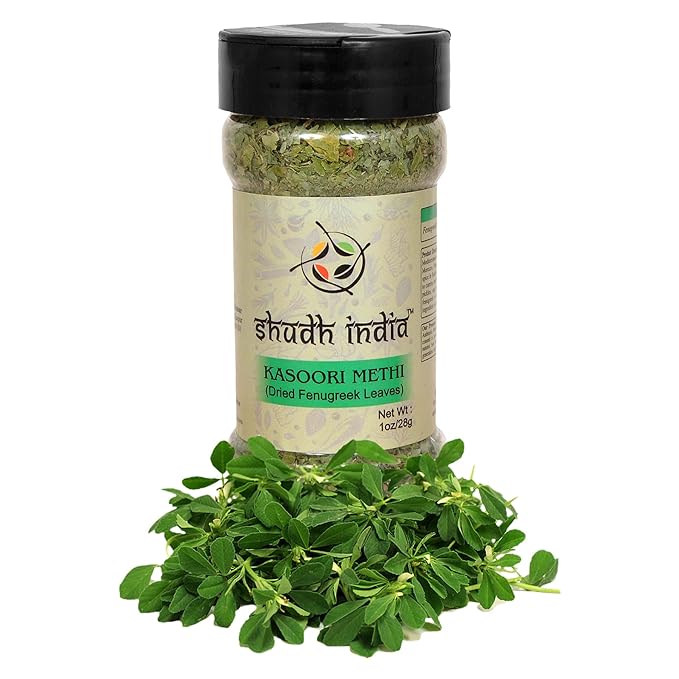Shudh India 100% Pure Dried Fenugreek Leaves (Kasoori Methi), 1oz (28g), All Natural, Salt-Free, No Added Preservatives, Strong Aroma, Whole Leaves, Vegan, No Color, Gluten Friendly, NON-GMO, Indian Origin