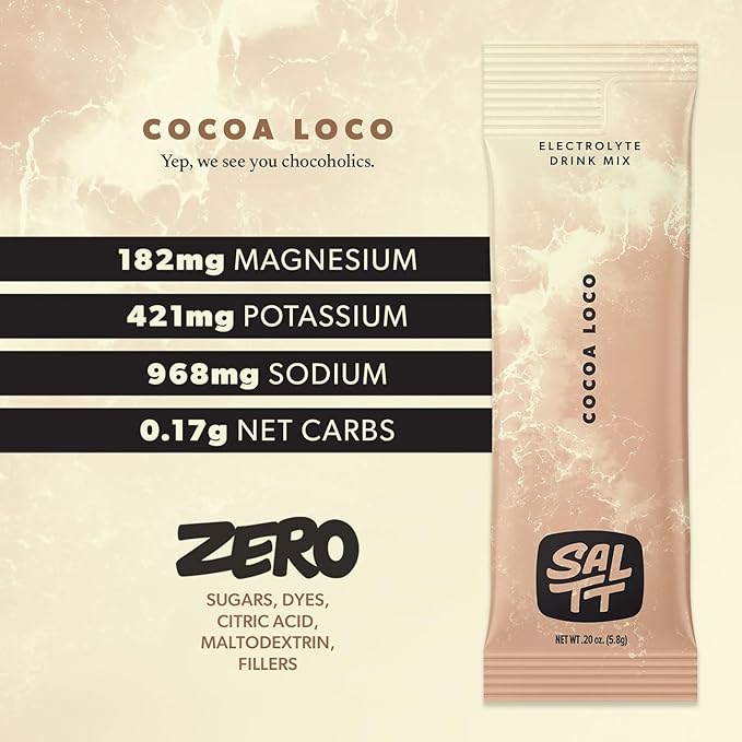 Keto Chow SALTT Electrolytes Powder Flavored Drink Mix - Cocoa Loco - 30 Hydration Packets - Magnesium, Potassium, Sodium, Trace Minerals - Zero Sugar & Gluten Free - Travel Essentials
