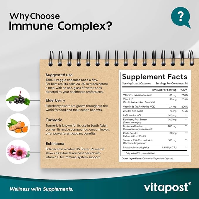 Immune Complex Supports a Healthy Immune System with Vitamin C, Elderberry, Zinc, Echinacea, Garlic & Turmeric. Dietary Supplement, 180 Capsules