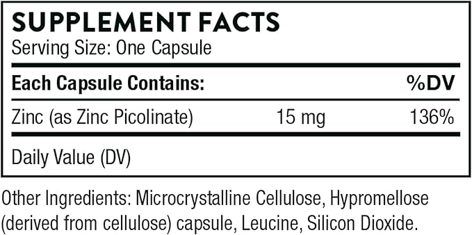 THORNE Zinc Picolinate 15mg - Highly Absorbable Zinc Supplement - Supports Wellness, Immune System, Eye, Skin, and Reproductive Health* - Gluten-Free, Soy-Free, Dairy-Free - 60 Capsules