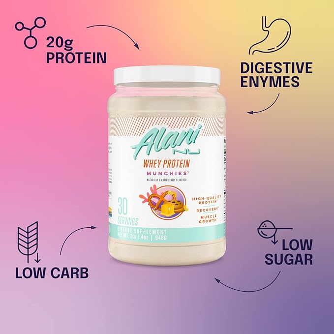 Alani Nu Whey Protein Powder Munchies | 23g Protein with Low Sugar & Digestive Enzymes | Meal Replacement Powder | Low Fat Low Carb Whey Isolate Protein Blend | Low Sugar |30 Servings