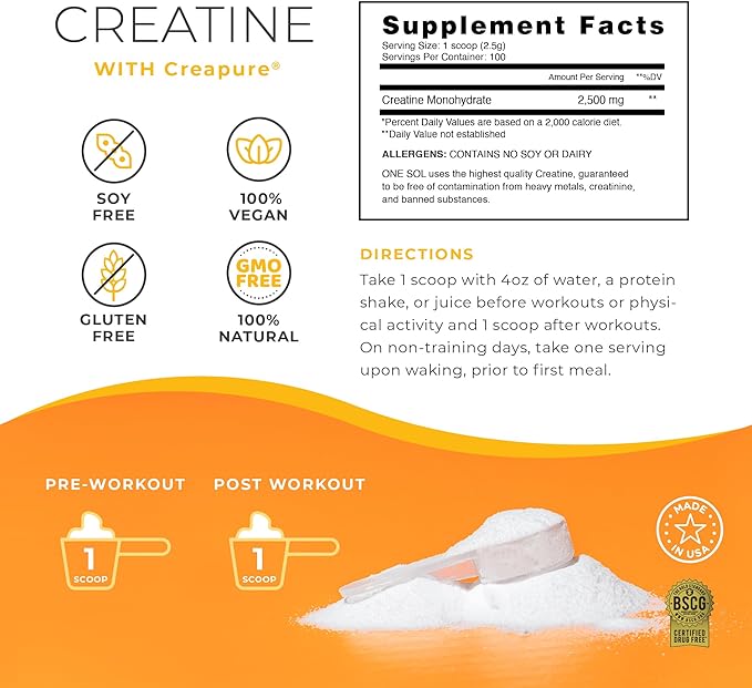 One Sol Creatine for Women Booty Gain, All Natural Women's Creatine Powder with Creapure, Increase Lean Muscle Mass, Reduce Recovery Time, Promotes Brain & Bone Health (Unflavored, 100 Servings)