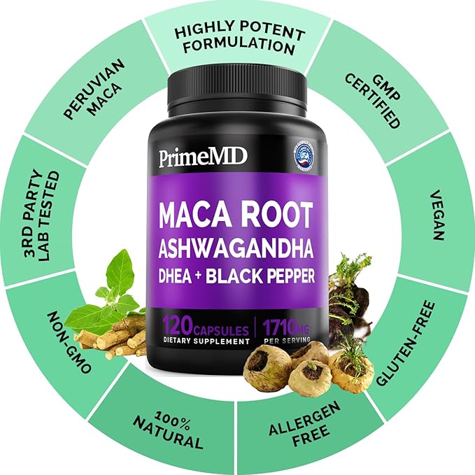 6-in-1 Organic Maca Root Ashwagandha Capsules 1710mg with DHEA and Black Pepper Fruit Extract for Women and Men - Black Maca Supplement for Stamina, Bone and Mood Support Supplement, 120ct (Pack of 2)