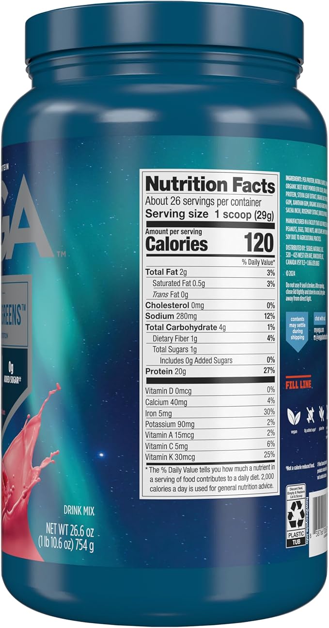 Vega Protein and Greens Protein Powder, Berry - 20g Plant Based Protein Plus Veggies, Vegan, Non GMO, Pea Protein for Women and Men, 1.7 lbs (Packaging May Vary)