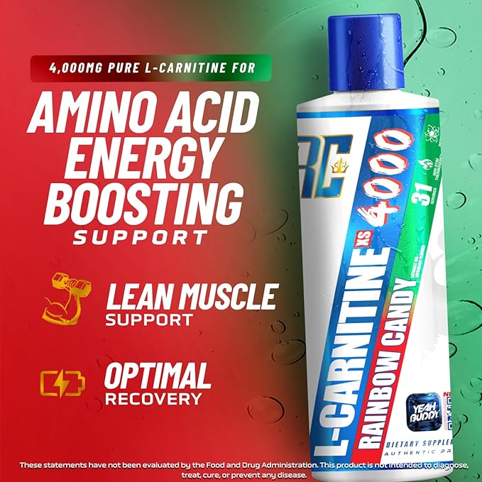 Ronnie Coleman Signature Series L Carnitine XS 4000 Liquid, Stimulant Free, Sugar Free, Zero Carbs, Lean Muscle Strength Support for Men & Women, 16 Oz (16 oz, Rainbow Candy (4000))