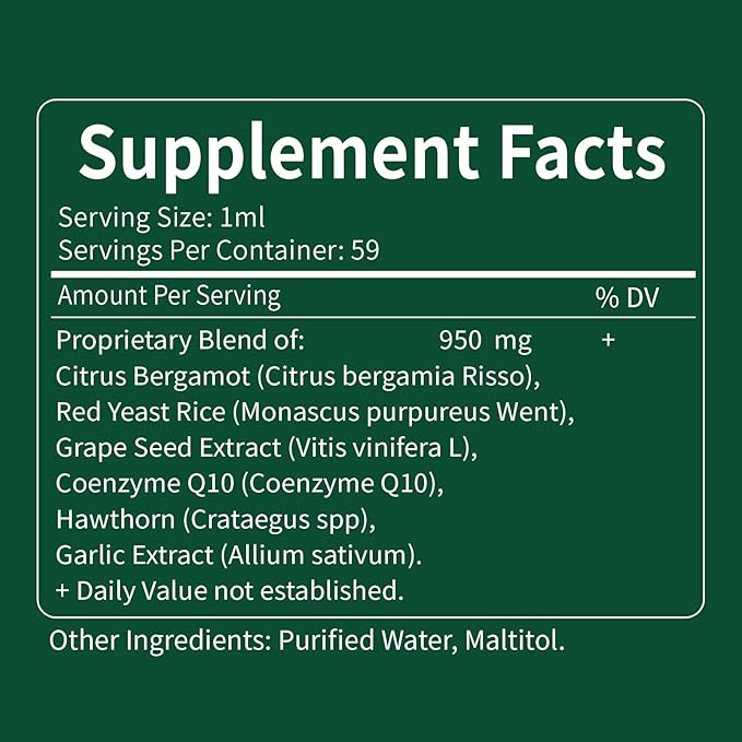 Citrus Bergamot Exrtact Supplement for High Cholesterol, High and Fast Absorption, 6-in-1 Blend Herbal Drops for Heart & Immune Support w/Grape Seed, Garlic Extract. 2oz