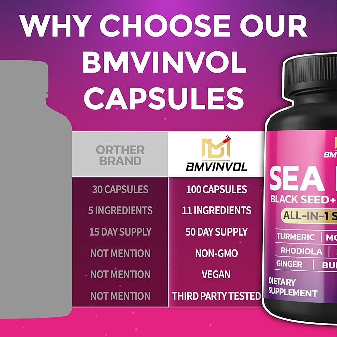BMVINVOL Sea Moss Black Seed Shilajit Ashwagandha + Bladderwrack, Ginger, Moringa, Turmeric, Burdock, Ginseng, Rhodiola Rosea - 100 Capsules