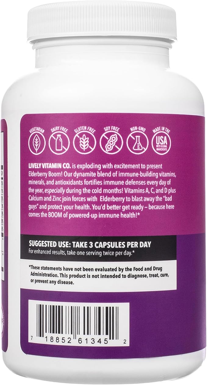 LIVELY VITAMIN CO. Elderberry Boom - Boosts Immune Function - Prevents Colds & Sickness - Elderberry, Zinc, Calcium, Magnesium, Vitamin C - 90 Vegetarian Capsules