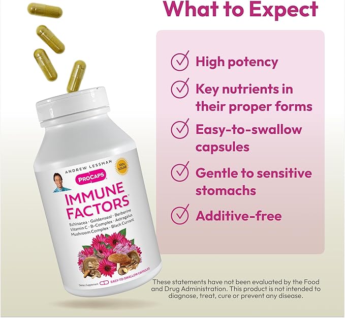 ANDREW LESSMAN Immune Factors 30 Capsules – Echinacea, Goldenseal, Vitamin C, Astragalus, Berberine, Mushroom Blend, Black Currant. Supports and Promotes Immune System and Natural Defenses