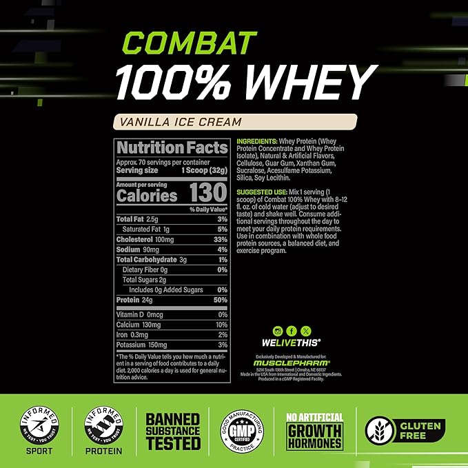 MusclePharm Combat 100% Whey Protein Powder, Vanilla Flavor, Fast Recovery & Muscle Gain with Whey Protein Isolate, High Protein Powder for Women & Men, Gluten Free, 5 lb, 70 Servings