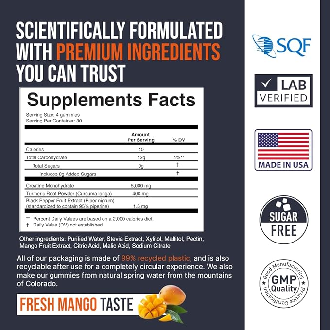 Creatine Monohydrate Gummies 5000 mg, Fresh Mango Flavor, 120 Sugar-Free Vegan Chews, Creatine Supplement for Daily Routine