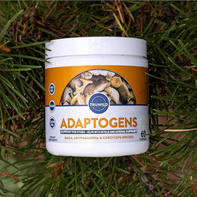 TruWild Adaptogens Vegan Capsule Supplement w/Ashwagandha + Maca w/Full Spectrum Mushrooms – All Natural – 40 Servings