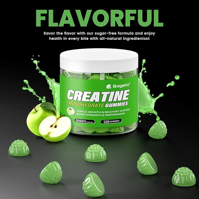 Creatine Monohydrate Gummies 5g for Men Women,Sugar Free Chewables Creatine Pre-Workout for Muscle Strength, Sour Green Apple, 120 Count