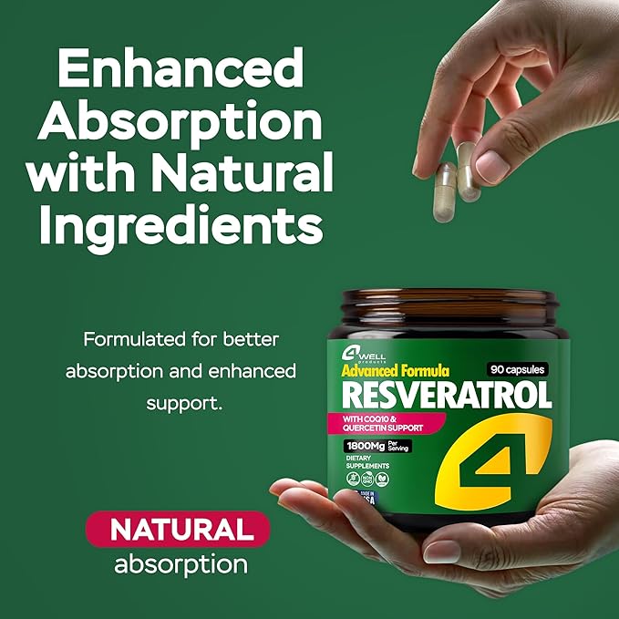 Resveratrol Supplement 1800mg Complex - COQ10, Quercetin, Vitamin E, Vitamin C - Powerful Antioxidant Formula for Enhanced Energy, Heart Health & Healthy-Aging Support Trans Resveratrol 90 Capsules