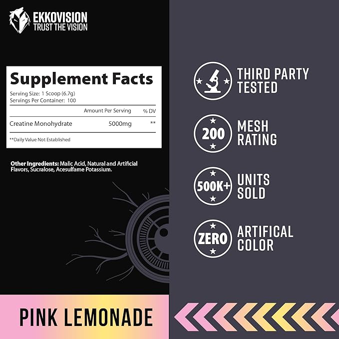 Creatine Monohydrate Powder, Micronized, Pink Lemonade, Pre Workout & Post Workout Supplement for Men and Women, Energy Support, Easy to Mix in Shakes, Smoothies & Beverages, 100 Servings