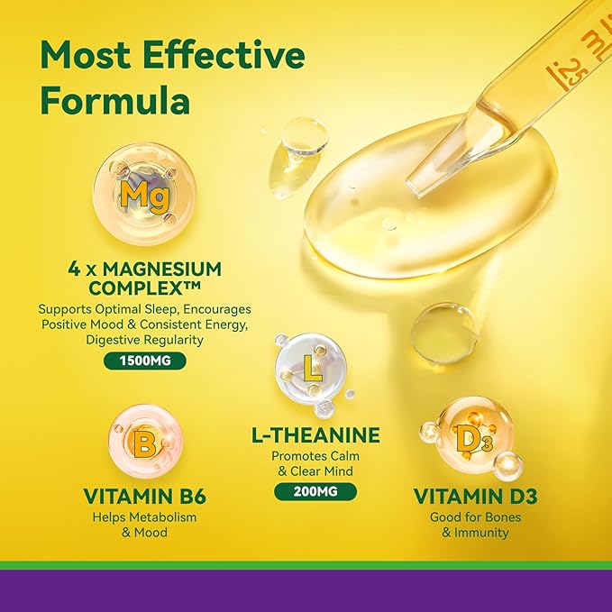 Magnesium Glycinate Liquid Drops 1500mg with Magnesium Citrate & Taurate, L-Theanine, Vitamin D3, B6 - Supports Calm, Sleep, Muscle Relaxation, Leg Cramps & Energy, Lemon Flavor, 60 mL