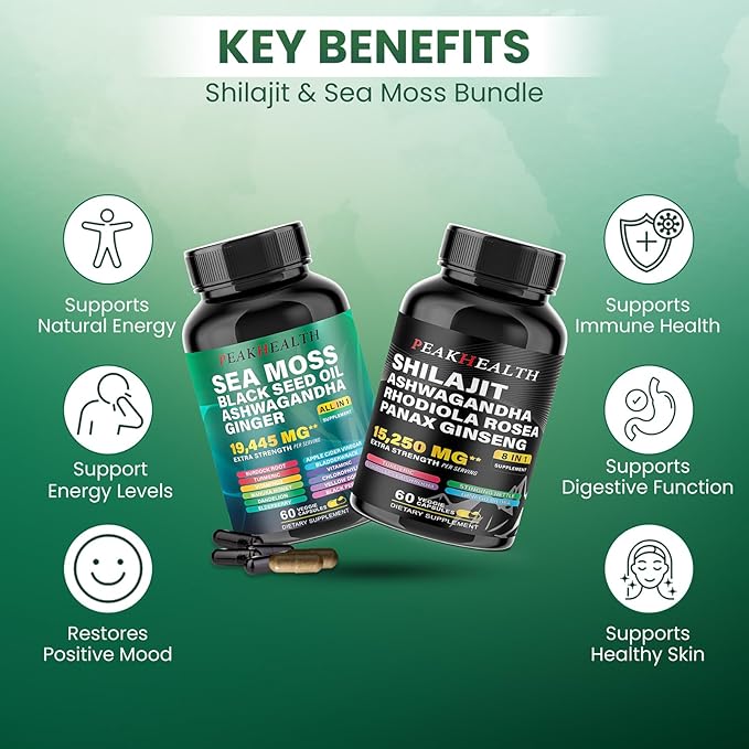 Shilajit + Sea Moss Capsules Bundle – 2 Bottle Combo with Ashwagandha, Panax Ginseng, Rhodiola & Black Seed Oil – 19,445mg Herbal Formula – Energy & Immune Support – 60 Capsules Each,Easy to Swallow