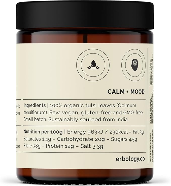 Erbology 100% Organic Tulsi Powder 6.4 oz - Holy Basil - Calm and Mood - Straight from Farm - Raw, Vegan and Gluten-Free - Non-GMO - No Additives or Preservatives - Recyclable Glass Jar