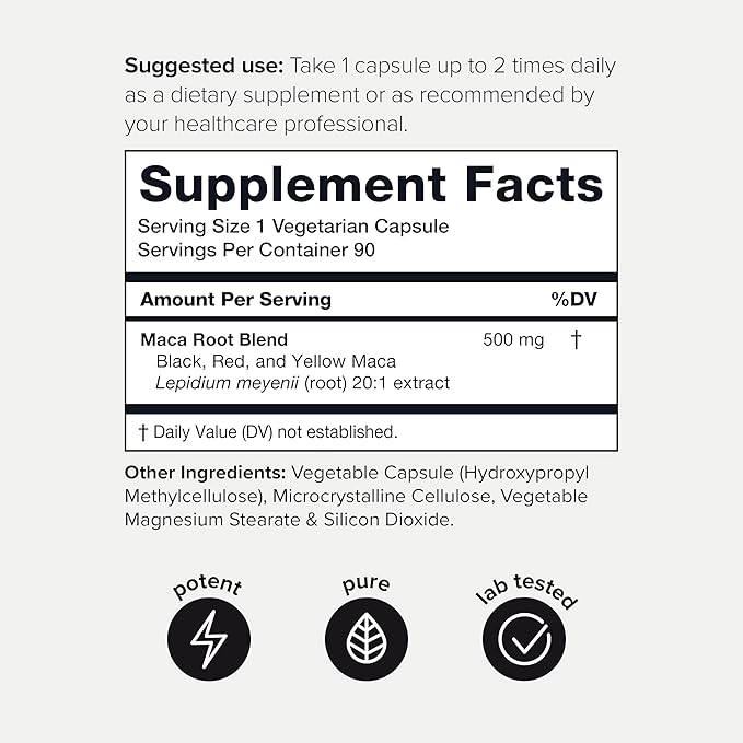 Maca Root - Ultra High Potency 20:1 Extract - Black, Red and Yellow Maca Complex - Single Origin, Wildcrafted & Highly Concentrated - Third-Party Lab Tested - 90 Capsules