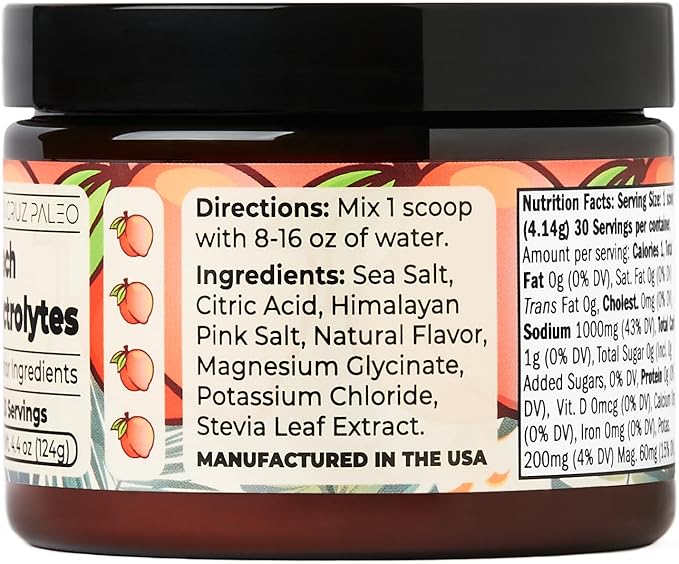 Santa Cruz Paleo Electrolyte Powder Peach with Himalayan & Sea Salt, Magnesium, Potassium, Sugar-Free, 30 Servings