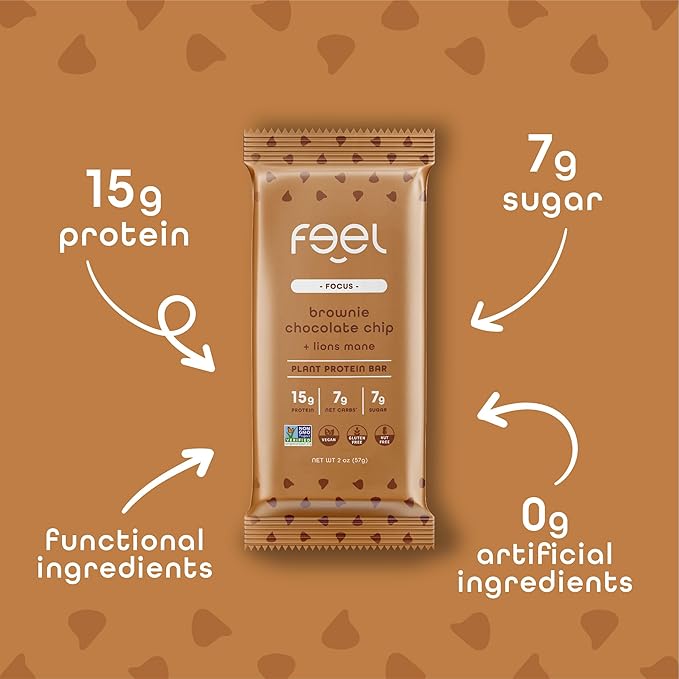 Feel Vegan Protein Bars | Brownie Chocolate Chip | Keto | Gluten Free | Organic | Lions Mane | 15g Plant Protein | Low Carb | High Protein | Dairy Free | Low Sugar | Grain Free | Nut Free | Soy Free | Non GMO - (Brownie Choco Chip, 10 Pack)