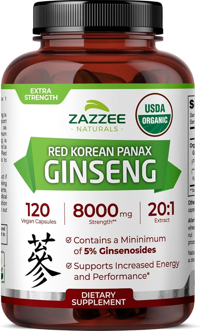 Zazzee USDA Organic Red Korean Panax Ginseng 20:1 Extract, 8000 mg Strength, 5% Ginsenosides, 120 Vegan Capsules, Standardized and Concentrated 20X Root Extract, 100% Vegetarian, All-Natural, Non-GMO