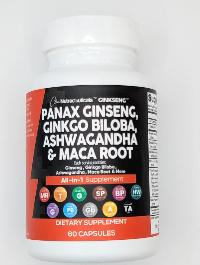 Clean Nutraceuticals Panax Ginseng 10000mg Ginkgo Biloba 4000mg Ashwagandha Maca Root 3000mg - Focus Supplement Pills for Women and Men with Pine Bark Extract, Garlic, and Saw Palmetto - 2Pack