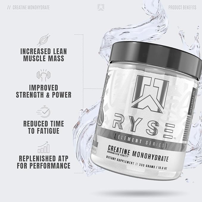 Ryse Creatine Monohydrate Powder - Unflavored - Supports Men & Women Lean Muscle Growth, Strength, Power, and Endurance - Helps Reduce Fatigue and Improve Workout Recovery - 60 Servings