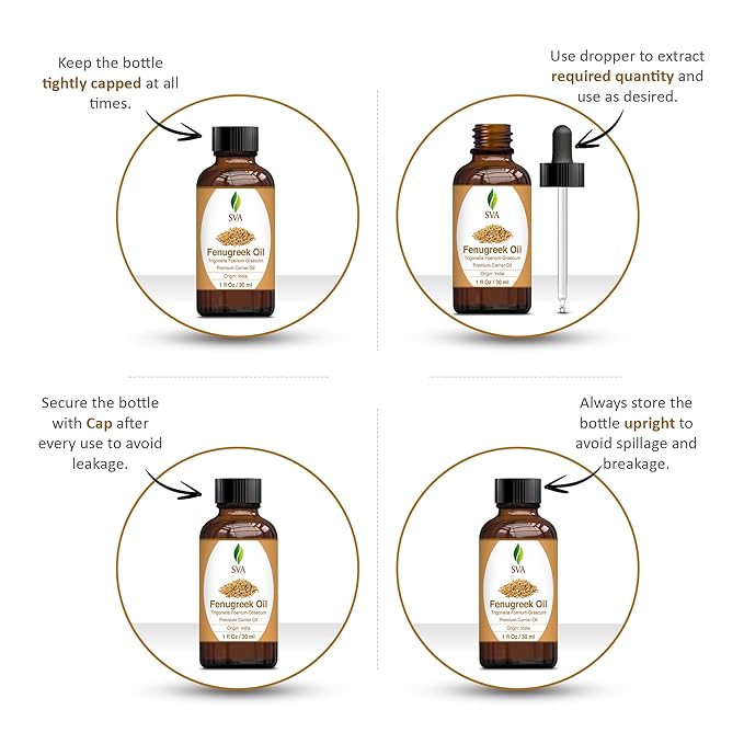 SVA Fenugreek Seed Oil - 1 Fl Oz – 100% Natural Cold Pressed Fenugreek Oil - for Face, Skin Care, Hair Care, Scalp Massage & Body Massage – Carrier Oil with Dropper