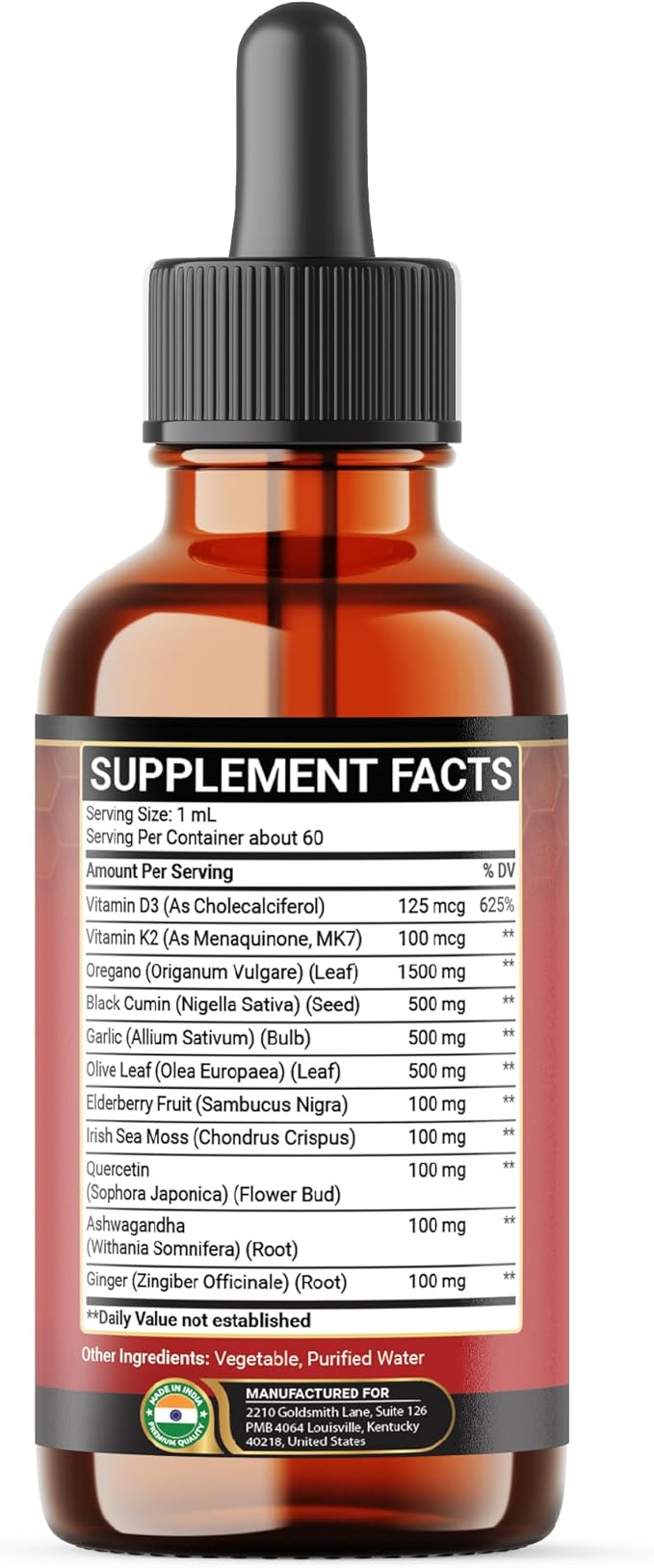 11in1 Organic Oregano Oil Drops with Black Seed Liquid, Garlic, Vitamin D3 & K2, Olive Leaf, Elderberry, Sea Moss, Ashwagandha & Ginger - Immune Support - 2 Fl Oz - 60 Days