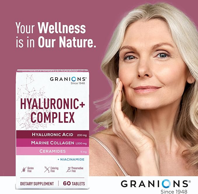 Hyaluronic Acid Complex Hydrating Skin Supplement – Marine Collagen Peptides, Ceramides, Vitamin B3 Niacinamide, Hyaluronic Acid Supplements for Women and Men – 60 Foil Sealed Tablets
