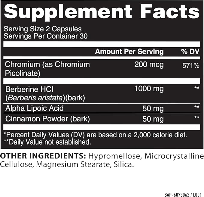 Healthy Delights Nature Fuel Berberine Capsules, Berberine Supplement, with Berberine HCl, Chromium Picolinate, Alpha Lipoic Acid, and Cinnamon Bark, 60 Count, 30 Servings