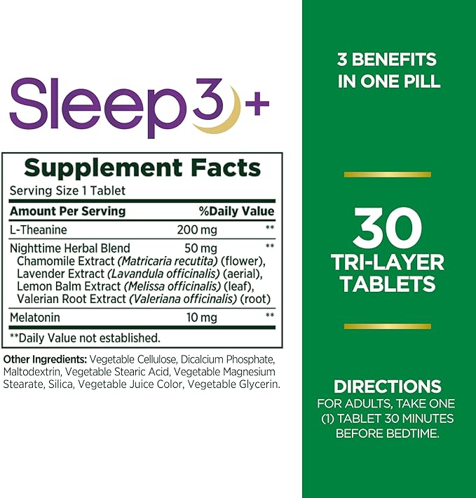 Melatonin by Nature's Bounty, Sleep3 Maximum Strength 100% Drug Free Sleep Aid, Dietary Supplement, L-Theanine & Nighttime Herbal Blend Time Release Technology, 10mg, 30 Tri-Layered Tablets