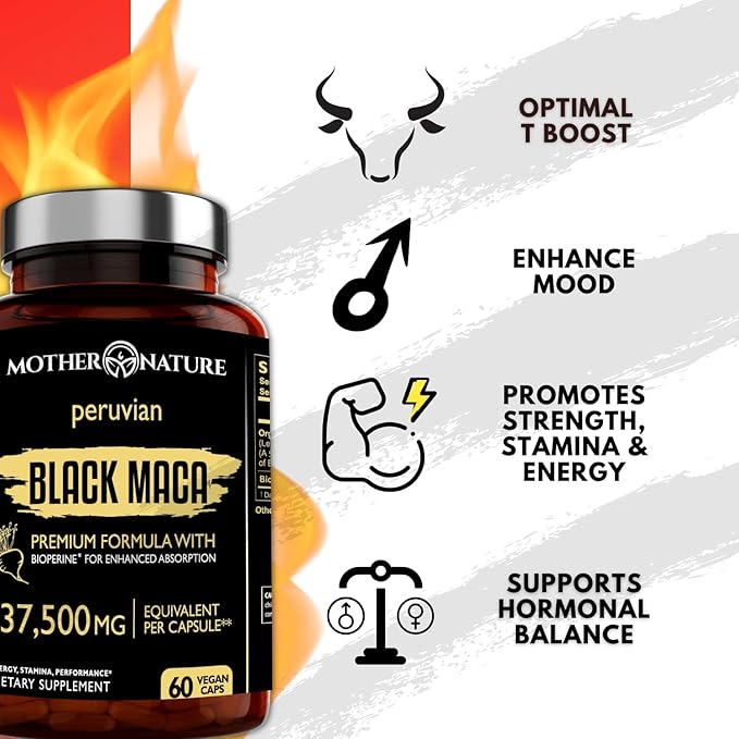 Mother Nature 37,500mg 50x Strength Organic High-Potency Peruvian Black Maca Root Capsules for Men 100% Pure Maca Peruana 50:1 Extract to Boost Stamina, Enegy, Muscle Gain - 60ct