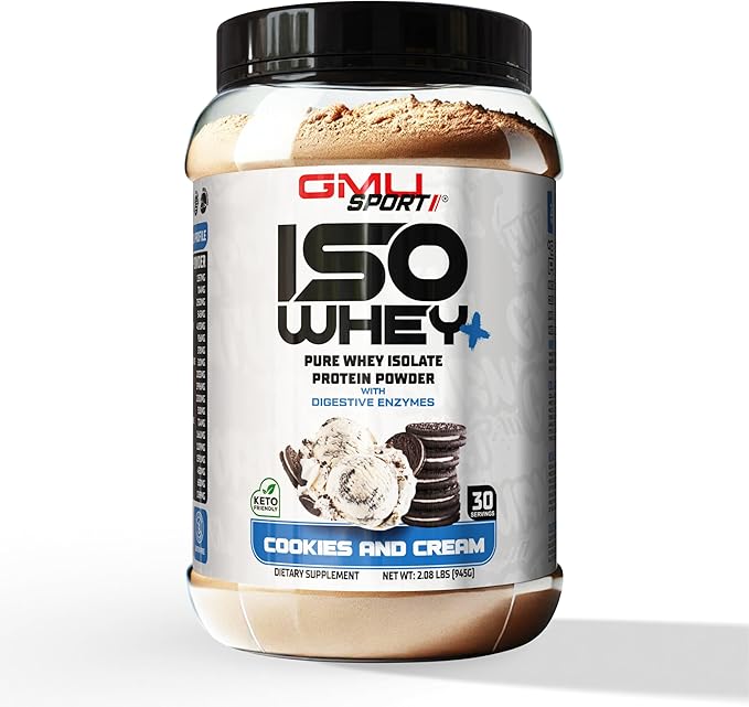 GMU SPORT ISO Whey - 100% Whey Isolate Protein - Cookies and Cream 2lb, (30 Servings) - 26g Protein Per Serving Complete with a Full Amino Profile, Digestive Enzymes, BCAA's and Collagen Peptides