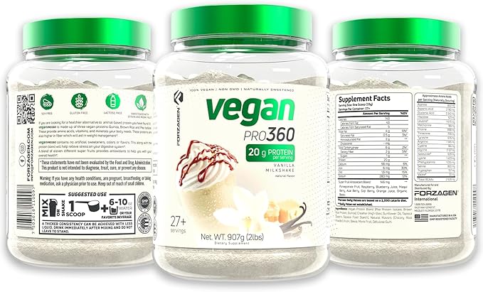 Forzagen Vegan Protein 360 2 Lbs 27 Servings, Plant Based Protein Extracted from Quinoa, Brown Rice and Pea Isolate Protein, Dairy, Soy and Gluten Free, Nom GMO (Vanilla Milkshake)