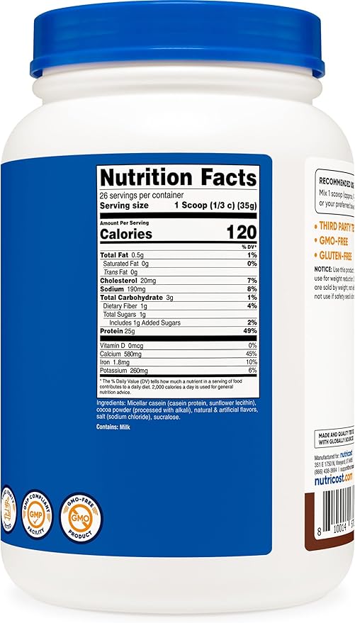 Nutricost Casein Protein Powder 2lb Chocolate - Micellar Casein, Gluten Free, Non-GMO
