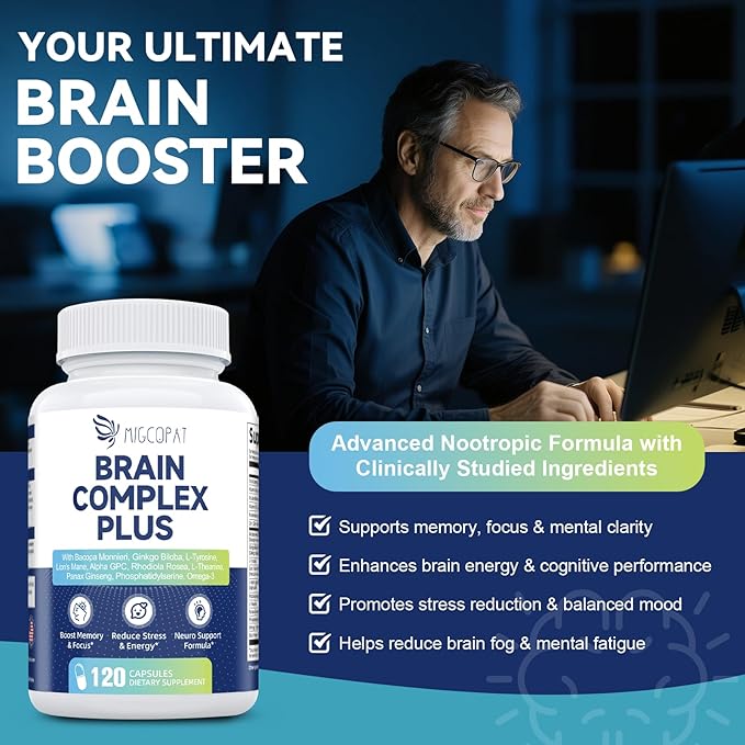 Brain Supplements for Memory & Focus - Nootropic with Bacopa Monnieri, Lion's Mane, Alpha GPC, Phosphatidylserine | Supports Mental Clarity & Cognitive Function | Vitamin B6 & B12-120 Capsules