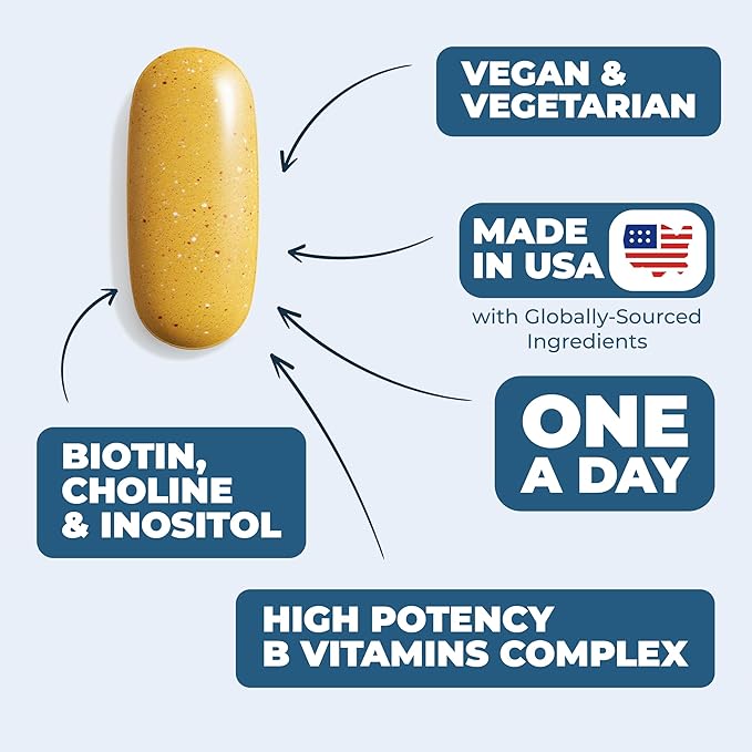 Vitamin B Complex with Vitamin B12, Niacin, Vitamin B2, Vitamin B6, Folic Acid 400mcg. B Complex Vitamins for Women & Men. Aids Mood, Energy, Nervous System & Immune Support. High Potency. One a Day