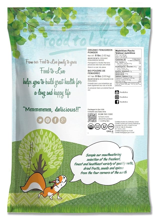 Food to Live - Organic Fenugreek Powder, 8 Pounds - Non-GMO, Raw, Ground Methi Seeds, Pure, Kosher, Vegan Superfood, Bulk, Great for Cooking, Drinks and Smoothies