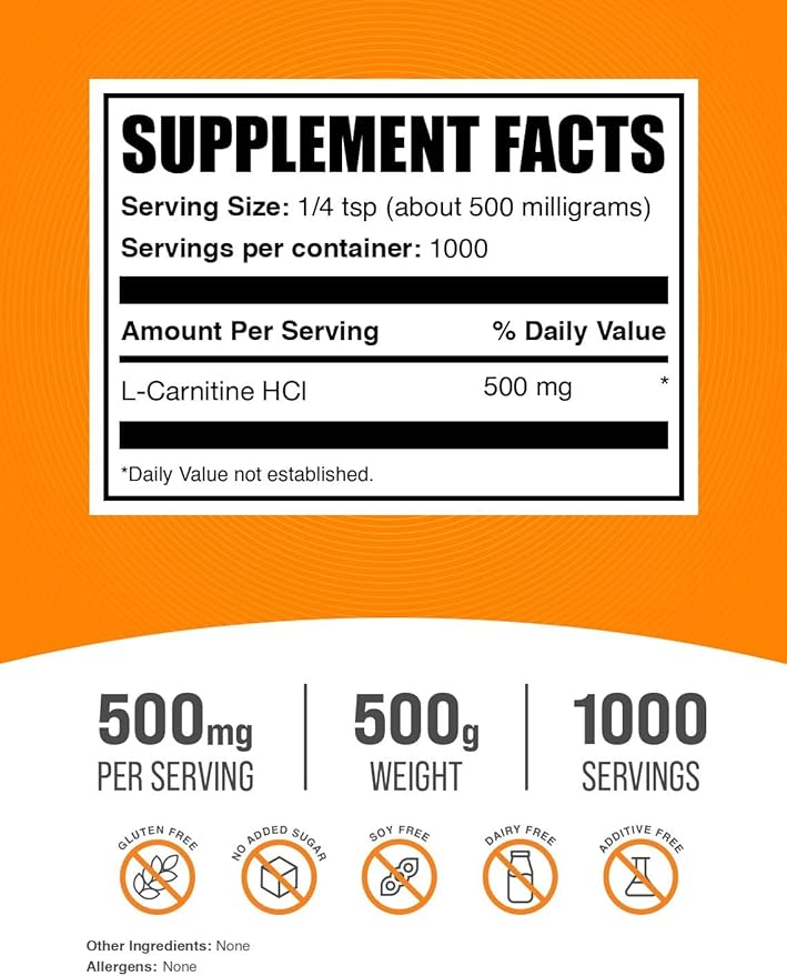 BulkSupplements.com L-Carnitine HCl Powder - Fat Burner Supplements - Carnitine Supplement - Safe Pre Workout (500 Grams - 1.1 lbs)