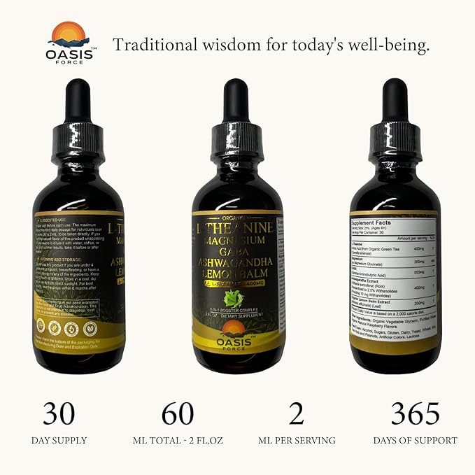 Oasisforce L Theanine 400mg Liquid Drops, L-Theanine Supplement for Adults & Kids with GABA, Magnesium & Ashwagandha, Natural Sleep, Focus & Relaxation Support, Vegan, Alcohol-Free, Non-GMO, 2 FL OZ