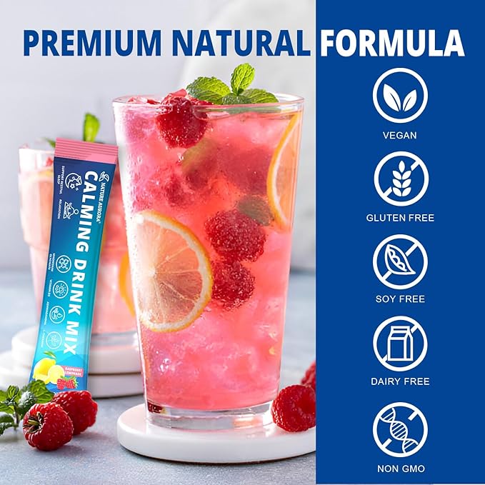 Powdered Drink Mix Calm - Adaptogenic Drink Mix with Magnesium Glycinate, Ashwagandha, Vitamin D, L-Theanine - Sleep Aid, Calm, Relax & Focus - Vegan, No Sugar- Raspberry Lemonade - 20 Sticks