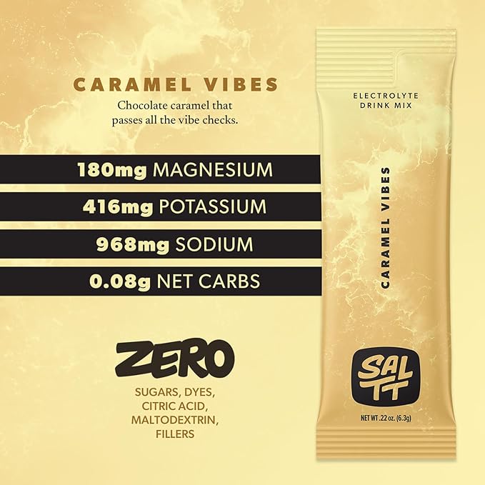 Keto Chow SALTT Electrolytes Powder Flavored Drink Mix - Caramel Vibes - 30 Hydration Packets - Magnesium, Potassium, Sodium, Trace Minerals - Zero Sugar & Gluten Free - Travel Essentials