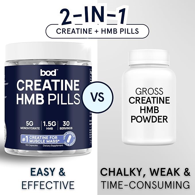BOD Creatine Capsules Pills for Muscle Support, Endurance, No Bloat, No Load, Unflavored Creatine for Women and Men, Vegan, (Creatine HMB Capsules)