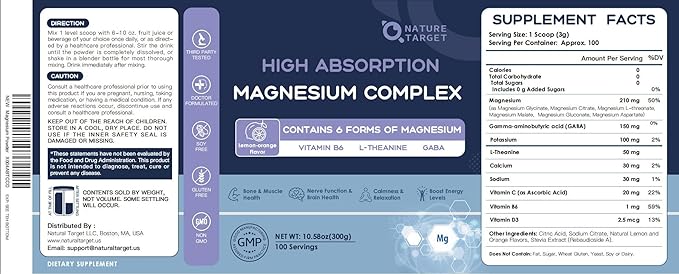 NATURE TARGET Magnesium Powder Supplement with Glycinate, Citrate, Malate, Magnesium Complex with L-Theanine & Vitamin B6 for Muscle, Heart & Brain, Vegan, 10.58 oz (100 Servings), Lemon Orange Flavor