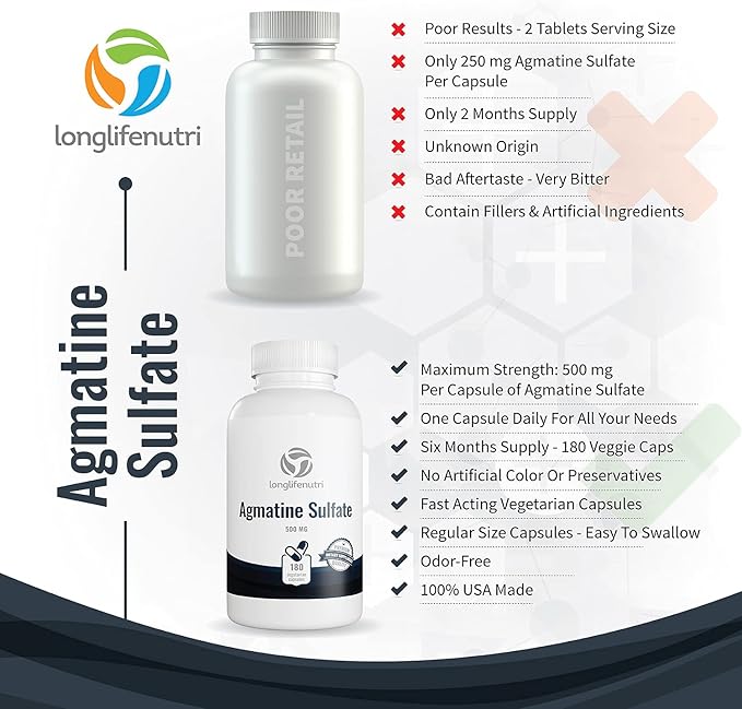 Agmatine Sulfate 500mg - 180 Veg Caps | Pre-Workout | Nitric Oxide Supplement | Strength & Focus Booster | Supports Muscle Recovery