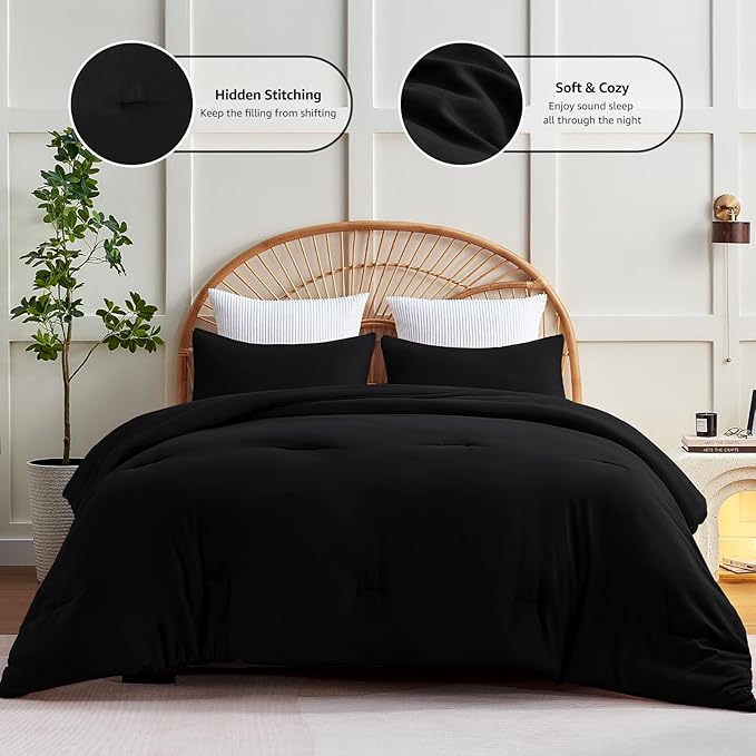 CozyLux Black Comforter Set Twin/Twin XL Size, 2 Pieces Twin Extra Long Boho Solid Breathable Quilted Style Bedding Sets, Luxury Fluffy Soft Microfiber Comforter All Season(1 Comforter & 1 Pillowcase)